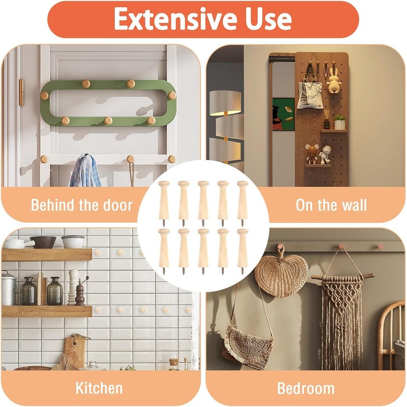 10 Pack Wooden Shaker Peg Hooks Wall Mounted Coat Pegs with Screws - Image 5