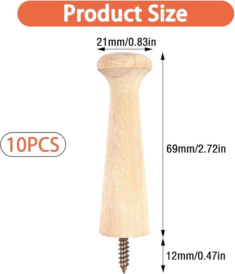 10 Pack Wooden Shaker Peg Hooks Wall Mounted Coat Pegs with Screws - Image 2