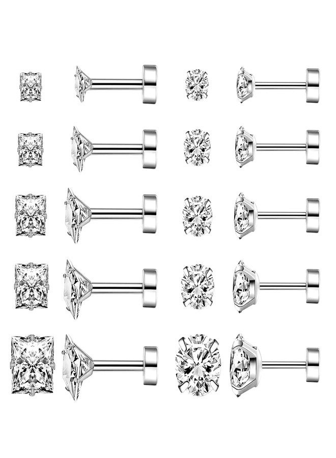 ALEXCRAFT 10 Pairs Stainless Steel Flat Back Stud Earrings Set for Women Hypoallergenic 316L Surgical Steel Cubic Zirconia Stud Earring Flatback Studs Earing for Men(10 Pairs) - Image 1