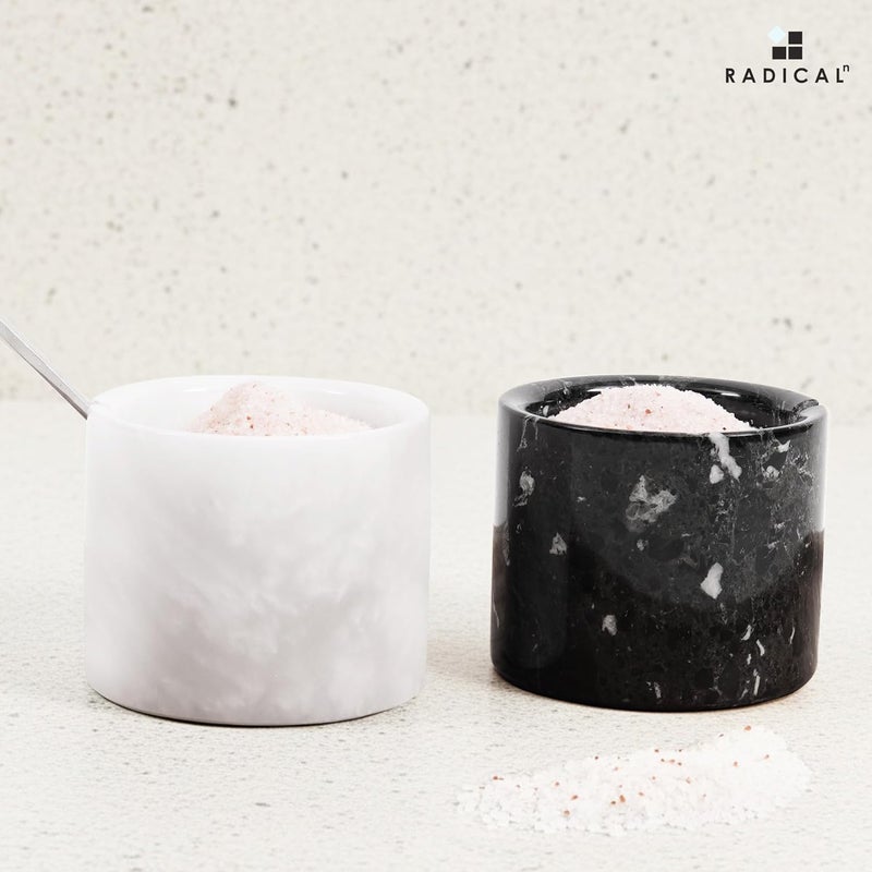 RADICALn Simple upgraded construction Black & White Marble Salt Cellar Set of 2 with Tray & Lid 3 Inch – Handmade Natural Stone Salt Containers & Spice Jars for Kitchen Countertop Storage, Elegant Decor, Eid-ul-Adha Gift Idea Fixed & portable compatible - Image 5