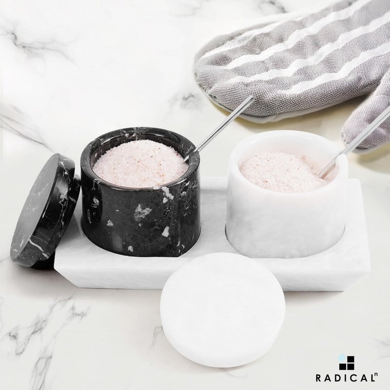 RADICALn Simple upgraded construction Black & White Marble Salt Cellar Set of 2 with Tray & Lid 3 Inch – Handmade Natural Stone Salt Containers & Spice Jars for Kitchen Countertop Storage, Elegant Decor, Eid-ul-Adha Gift Idea Fixed & portable compatible - Image 2