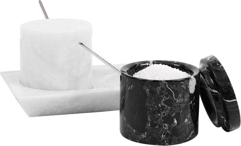 RADICALn Simple upgraded construction Black & White Marble Salt Cellar Set of 2 with Tray & Lid 3 Inch – Handmade Natural Stone Salt Containers & Spice Jars for Kitchen Countertop Storage, Elegant Decor, Eid-ul-Adha Gift Idea Fixed & portable compatible - Image 1