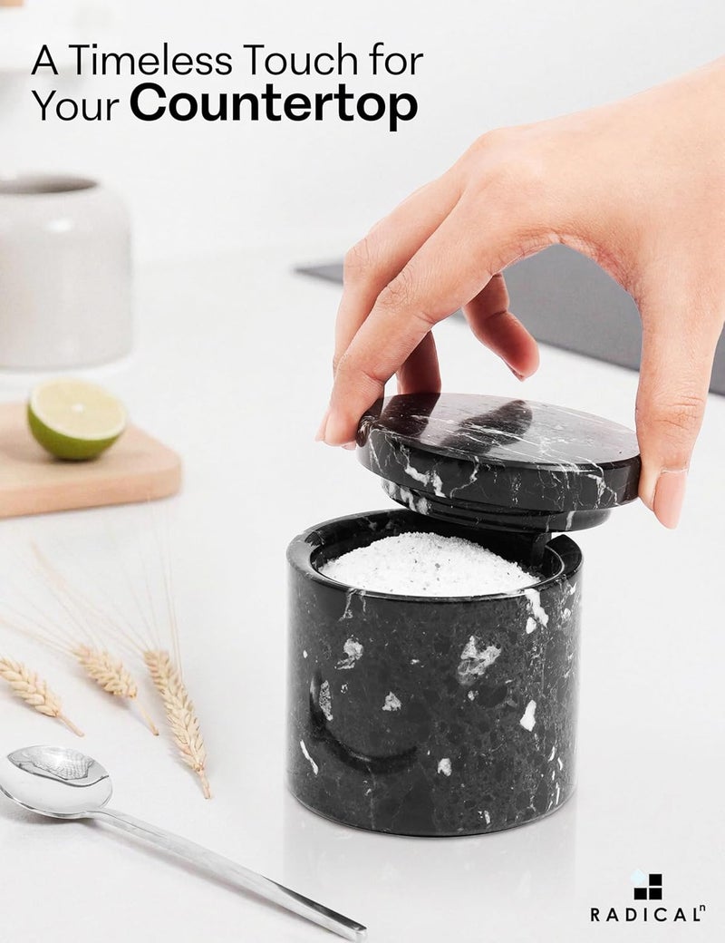 RADICALn Simple upgraded construction Black & White Marble Salt Cellar Set of 2 with Tray & Lid 3 Inch – Handmade Natural Stone Salt Containers & Spice Jars for Kitchen Countertop Storage, Elegant Decor, Eid-ul-Adha Gift Idea Fixed & portable compatible - Image 4