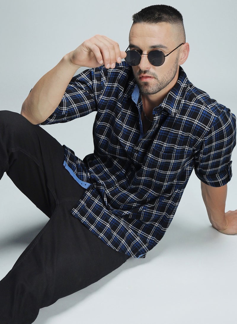 HIGH STAR Blue Standard Checked Casual Shirt for Men, Spread Collar, Cotton  - Image 1