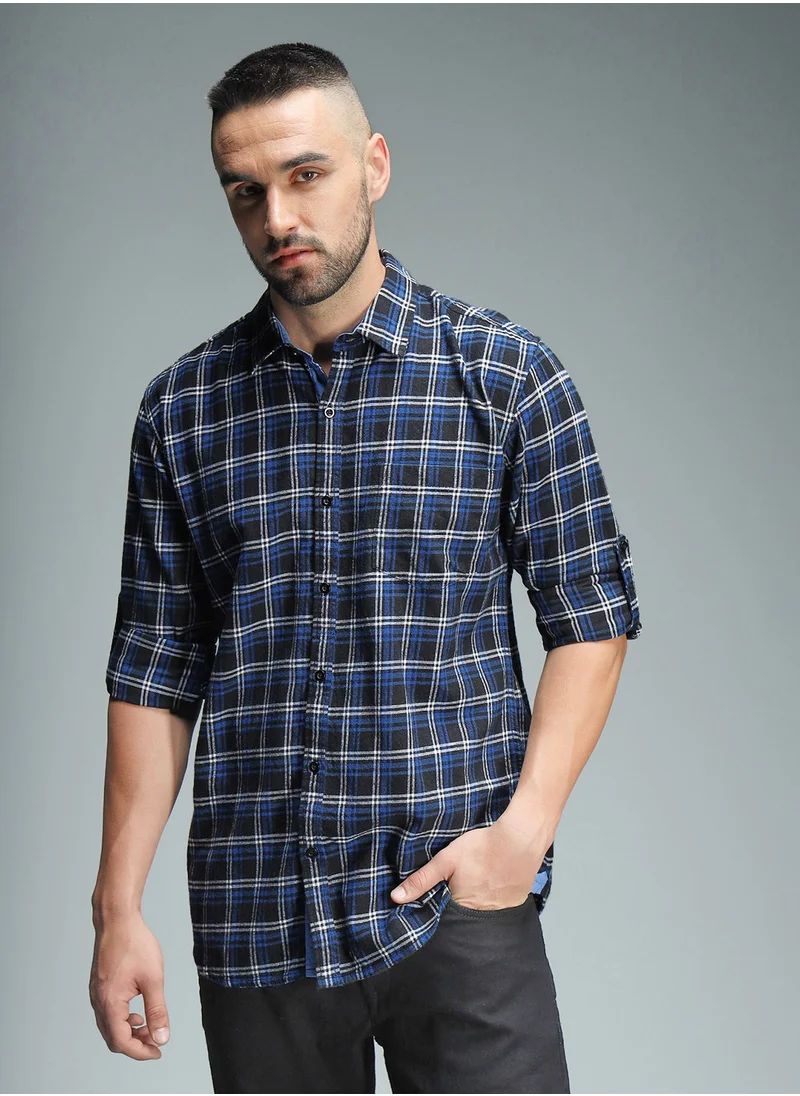 هاي ستار Blue Standard Checked Casual Shirt for Men, Spread Collar, Cotton