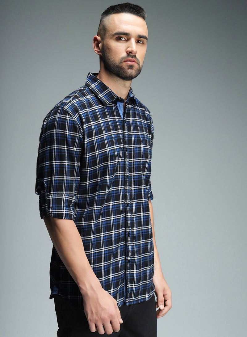 HIGH STAR Blue Standard Checked Casual Shirt for Men, Spread Collar, Cotton  - Image 3