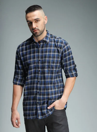 HIGH STAR Blue Standard Checked Casual Shirt for Men, Spread Collar, Cotton