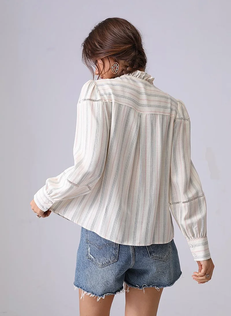 YUNIQEE Off white Band Collar Puff Sleeves Regular Fit Shirt