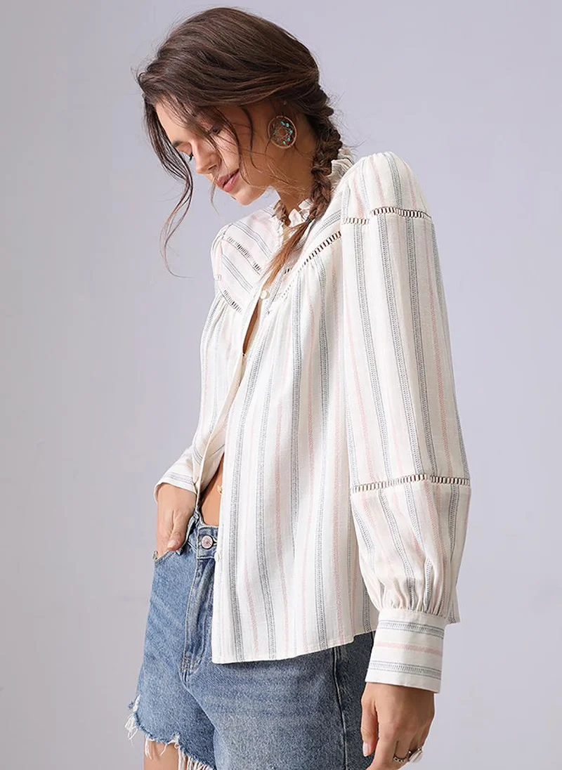 يونيكي Off white Band Collar Puff Sleeves Regular Fit Shirt