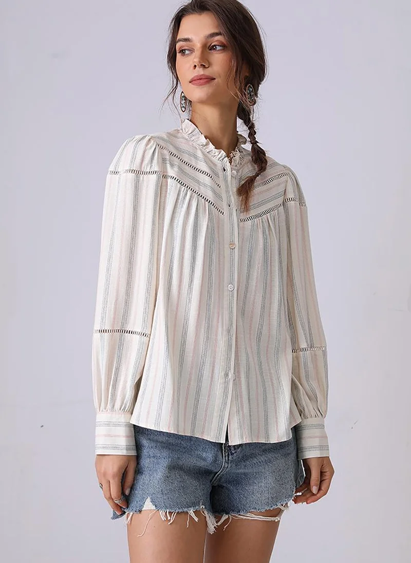YUNIQEE Off white Band Collar Puff Sleeves Regular Fit Shirt
