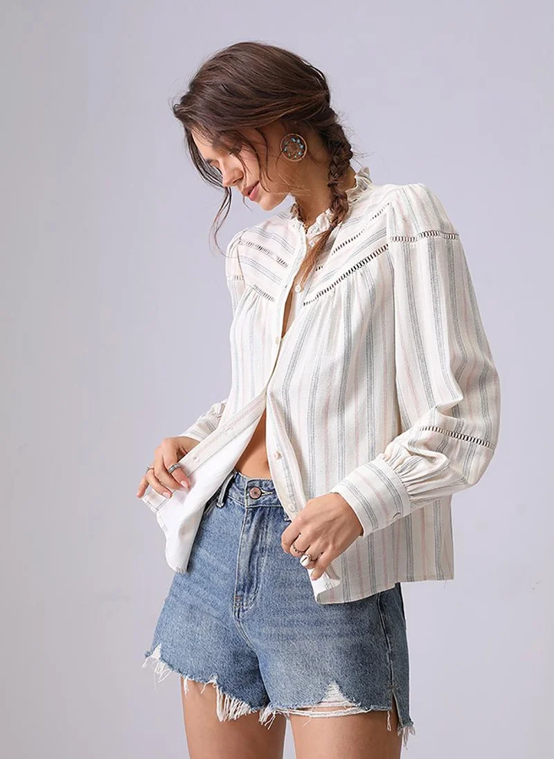 يونيكي Off white Band Collar Puff Sleeves Regular Fit Shirt