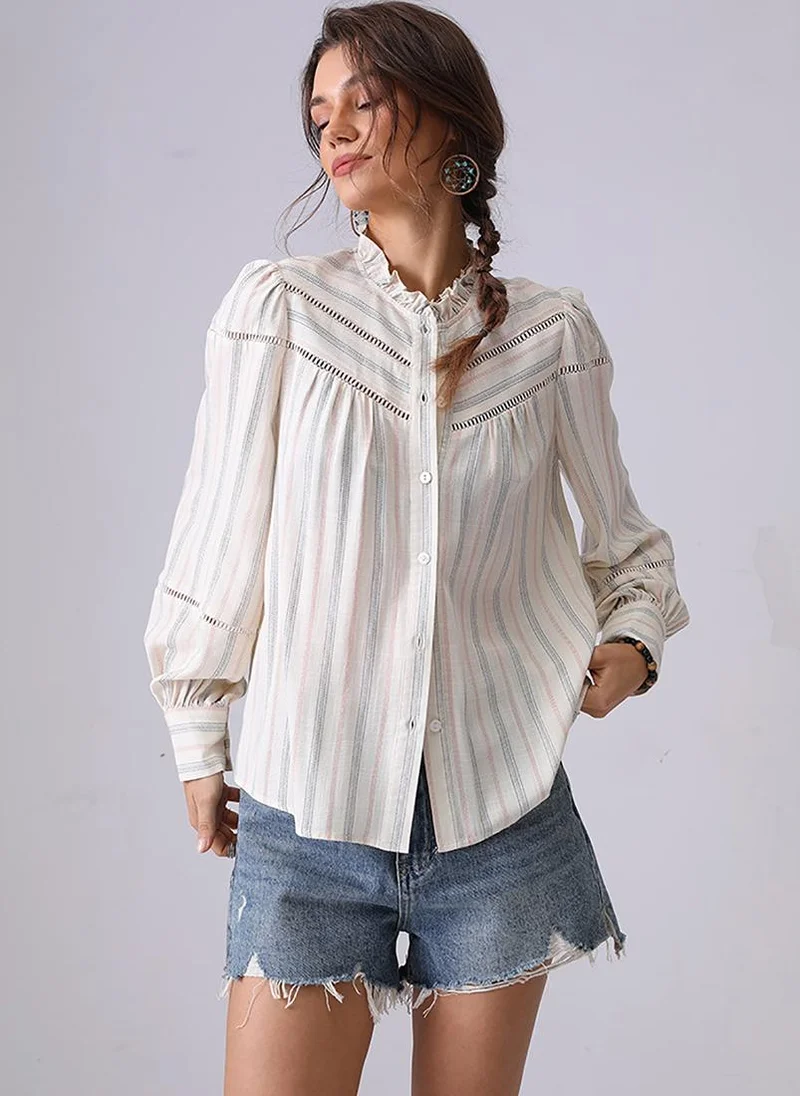 يونيكي Off white Band Collar Puff Sleeves Regular Fit Shirt