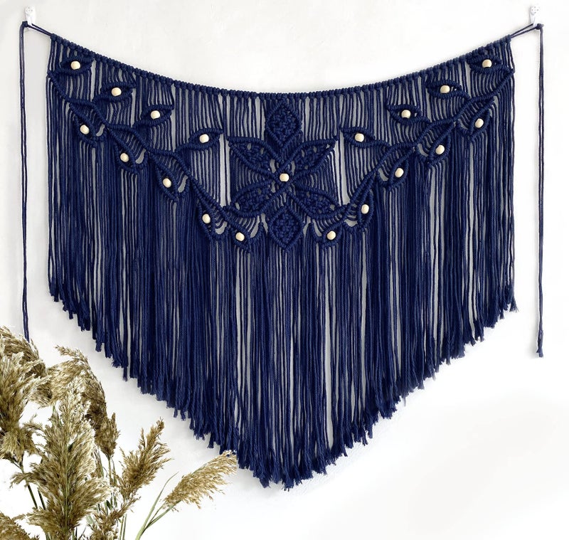 Youngeast Home Decor Leaf Shape Macrame Wall Hanging Woven Tapestry Bedroom Curtain Fringe Garland Banner Living Room Wall Decor Navy 39X31 Inches - Image 1