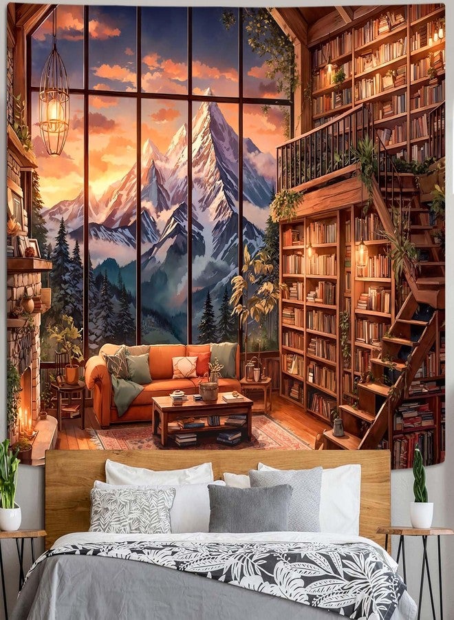 Accnicc Forest Mountain Library Tapestry Fantasy Bookshelf Tapestries Wall Hanging Vintage Watercolor Nature Fairy Library Backdrop Large Tapestry for Bedroom Living Room Dorm Classroom 80 x 60 inch - Image 2