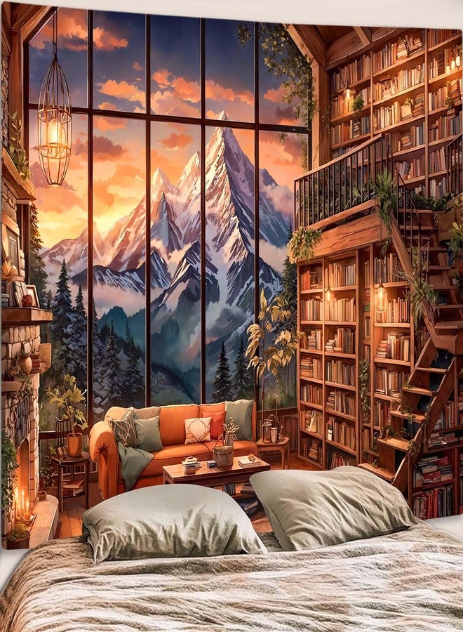 Accnicc Forest Mountain Library Tapestry Fantasy Bookshelf Tapestries Wall Hanging Vintage Watercolor Nature Fairy Library Backdrop Large Tapestry for Bedroom Living Room Dorm Classroom 80 x 60 inch - Image 5