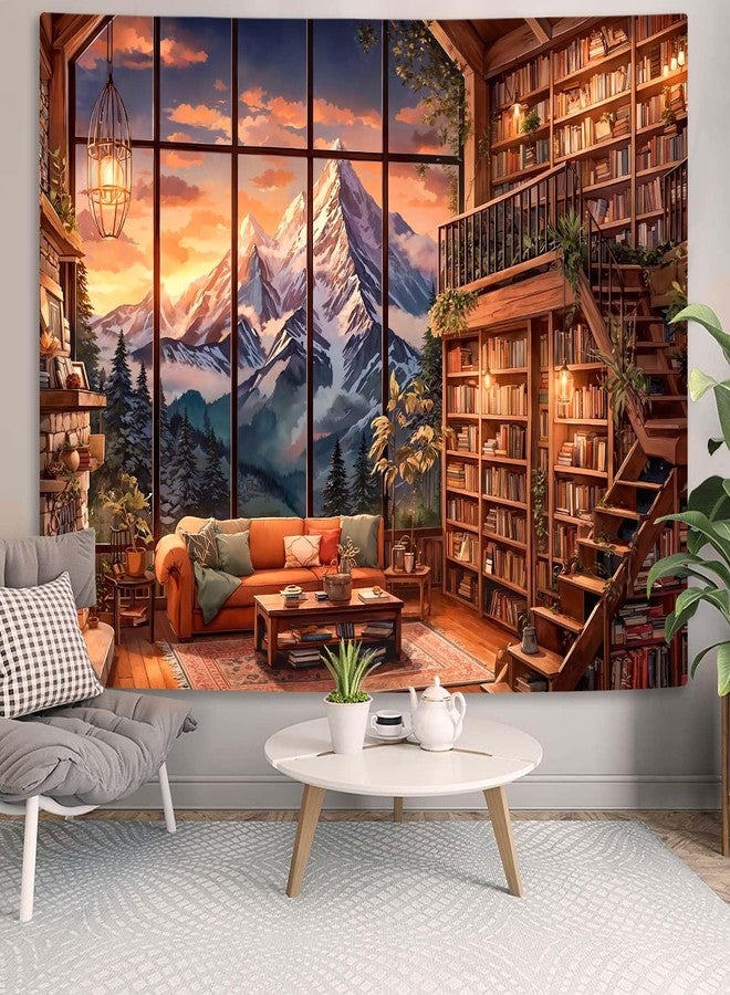 Accnicc Forest Mountain Library Tapestry Fantasy Bookshelf Tapestries Wall Hanging Vintage Watercolor Nature Fairy Library Backdrop Large Tapestry for Bedroom Living Room Dorm Classroom 80 x 60 inch - Image 3