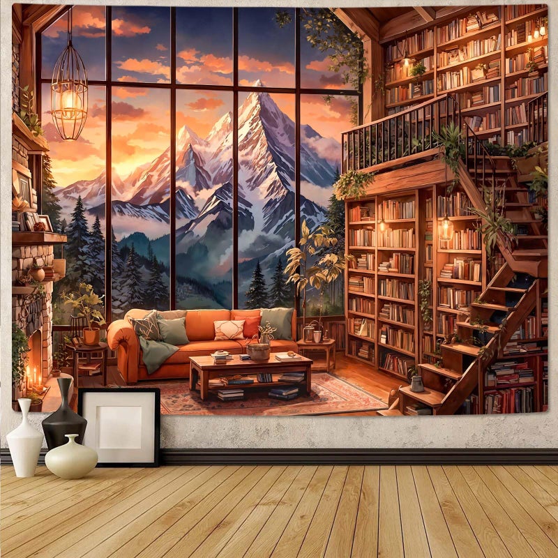Accnicc Forest Mountain Library Tapestry Fantasy Bookshelf Tapestries Wall Hanging Vintage Watercolor Nature Fairy Library Backdrop Large Tapestry for Bedroom Living Room Dorm Classroom 80 x 60 inch - Image 1