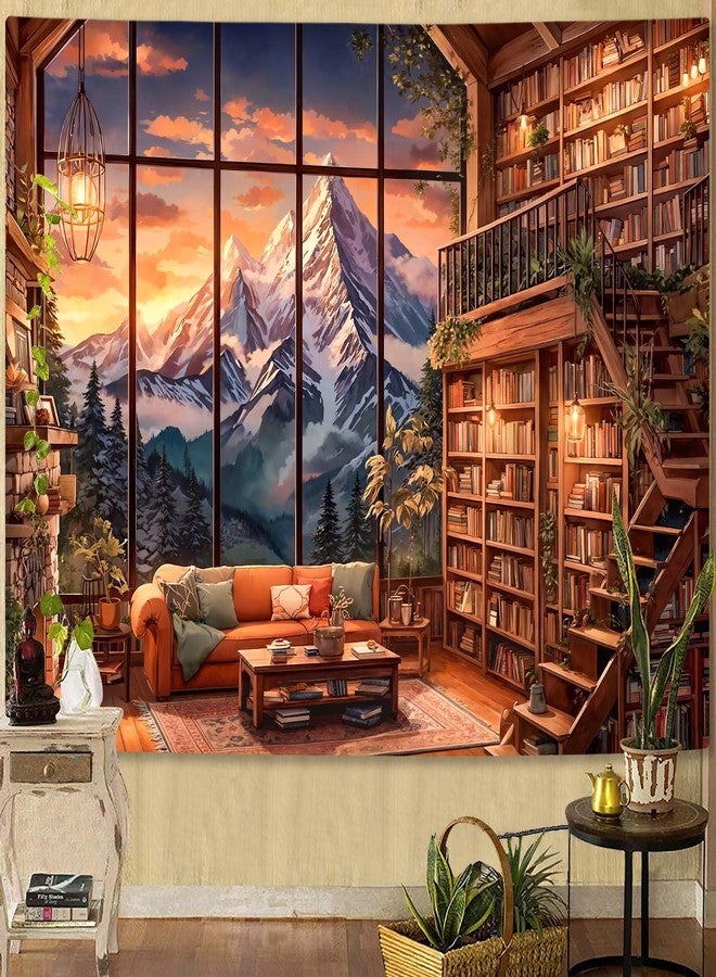 Accnicc Forest Mountain Library Tapestry Fantasy Bookshelf Tapestries Wall Hanging Vintage Watercolor Nature Fairy Library Backdrop Large Tapestry for Bedroom Living Room Dorm Classroom 80 x 60 inch - Image 4