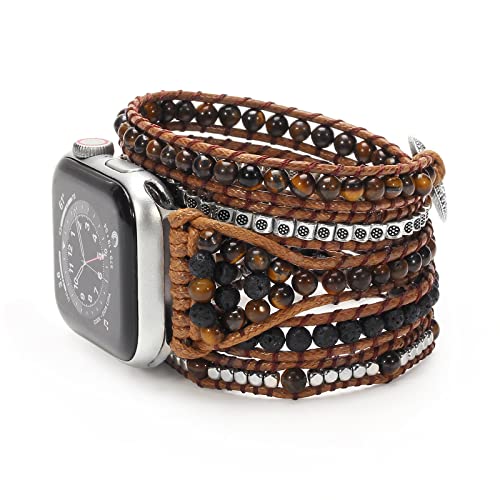 Wingoden Boho Bracelet Compatible with Beaded Apple Watch Band 41mm40mm38mm Handmade 5 Wrap Apple Watch Strap for Women Men Natural Stone iWatch Band Series 9 8 7 6 5 4 3 2 1 SE Ultra 2 Tiger Eye M Size - Image 1