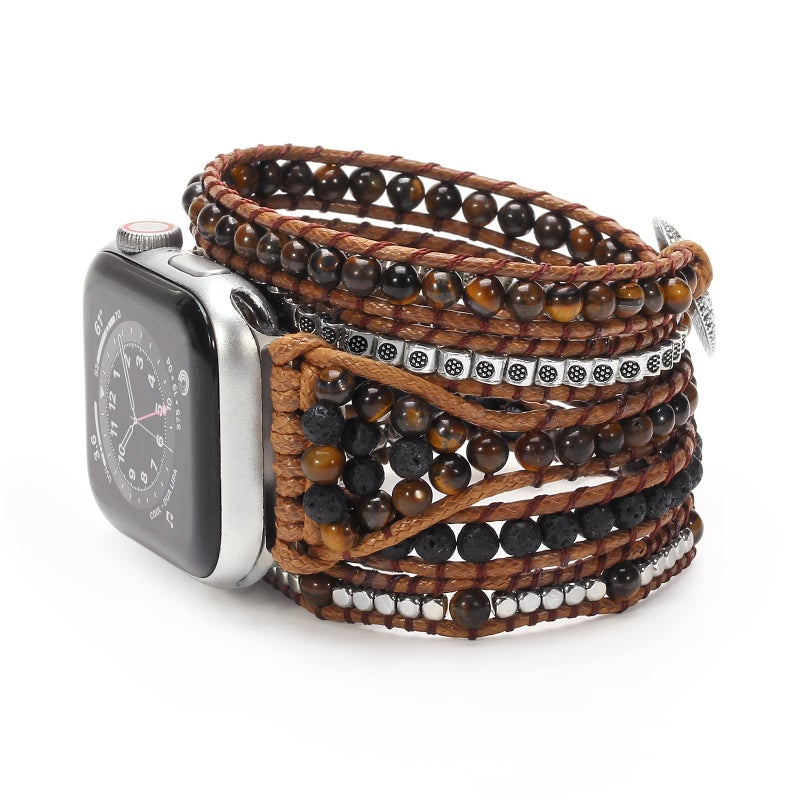Wingoden Boho Bracelet Compatible with Beaded Apple Watch Band 41mm40mm38mm Handmade 5 Wrap Apple Watch Strap for Women Men Natural Stone iWatch Band Series 9 8 7 6 5 4 3 2 1 SE Ultra 2 Tiger Eye M Size - Image 2