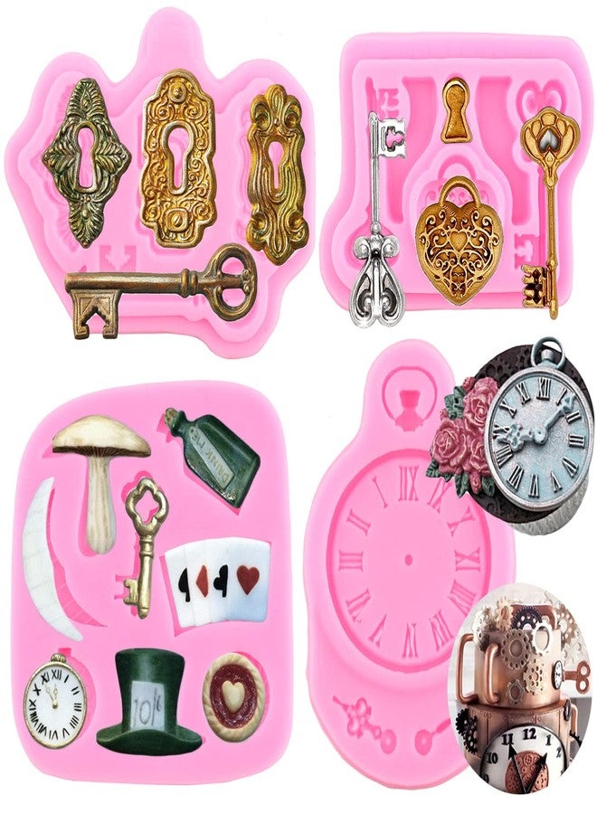 Mujiang Keyhole Silicone Molds Vintage Key Cake Fondant Mold Alice Wonderland Hat Poker Clock Playing Fondant Mold For Cake Decoration Sugar Cupcake Topper Chocolate Gum Paste Polymer Clay Set Of 4 - Image 1