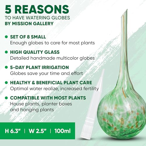 Mission Gallery Plant Watering Globes Set of 8 - Small Self Watering Globes for Indoor & Outdoor Plants - Multicolored, Automatic, Glass Watering Bulbs for Daily Use, Plant Watering Devices - Image 2
