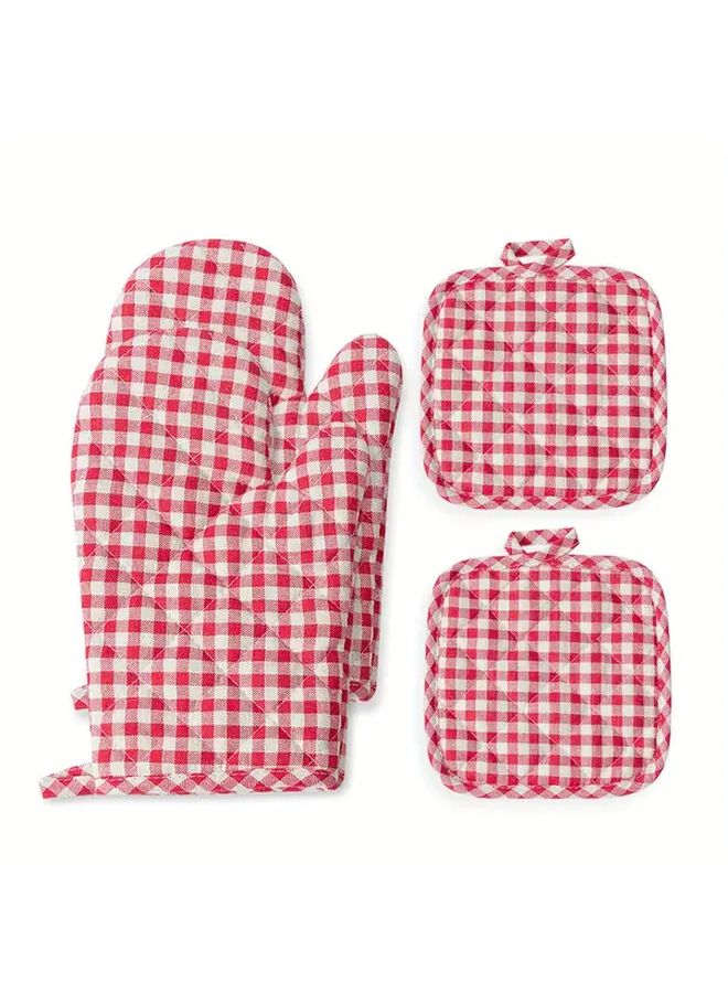 Red White Gingham Kitchen Gloves with Padded Palm Easy to Clean Polyester - Image 3