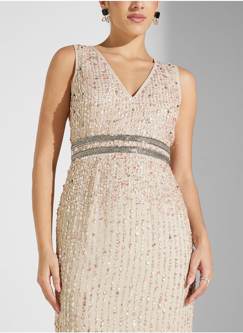 Amelia Rose Embellished V Neck Dress  - Image 3