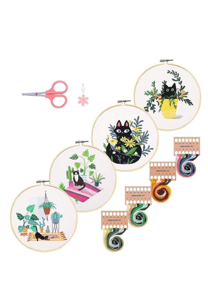 4 Pack Embroidery kit with Patterns and Instructions for Beginners Cross Stitch Kits Adults, Clothes Plant Cat Pattern, 2 Hoops, Color Threads Scissor