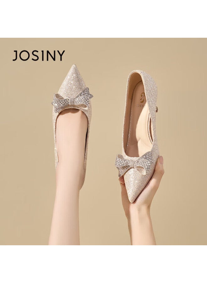 Josiny Women's Thin Heel High Heels  Spring New French Style Comfortable Rhinestone Wedding Shoes Light Gold Size 37 - Image 1
