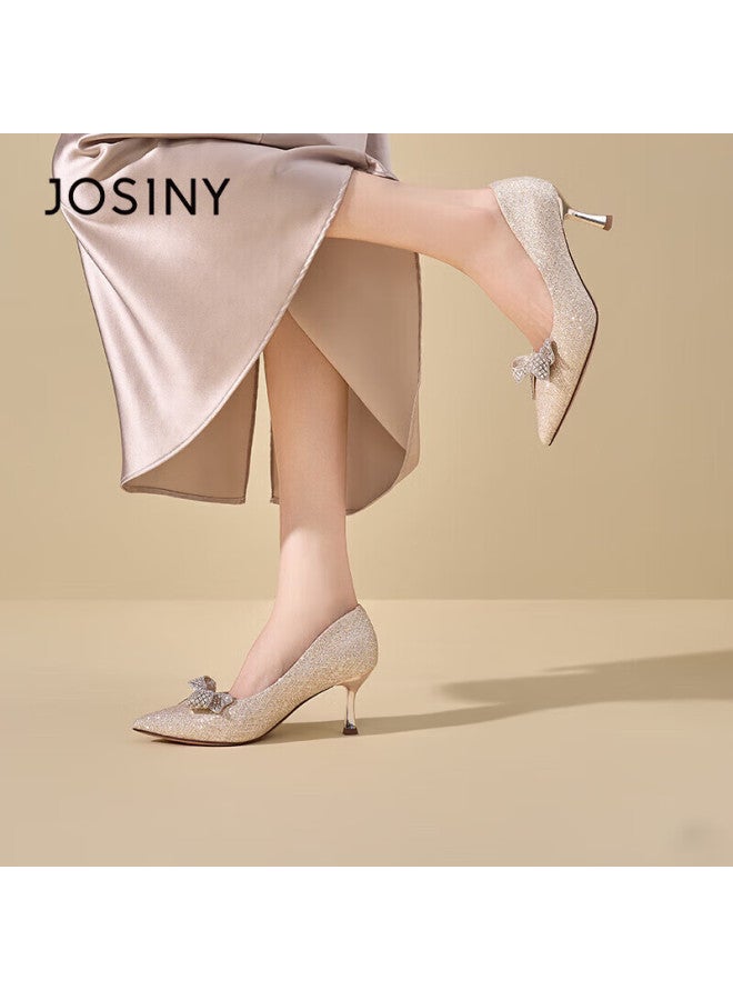 Josiny Women's Thin Heel High Heels  Spring New French Style Comfortable Rhinestone Wedding Shoes Light Gold Size 37 - Image 5