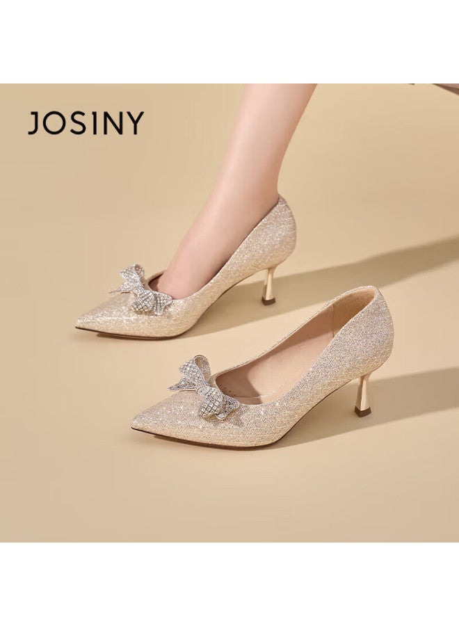 Josiny Women's Thin Heel High Heels  Spring New French Style Comfortable Rhinestone Wedding Shoes Light Gold Size 37 - Image 2