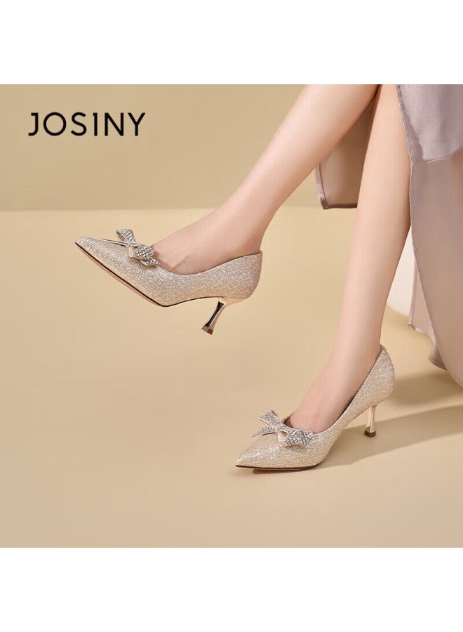 Josiny Women's Thin Heel High Heels  Spring New French Style Comfortable Rhinestone Wedding Shoes Light Gold Size 37 - Image 4