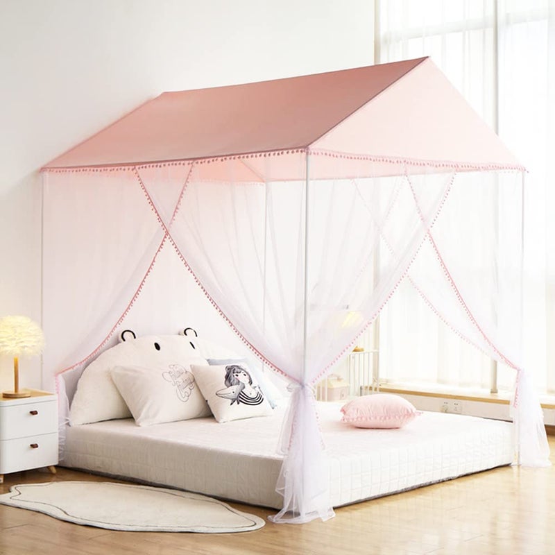 Akiky Bed Canopy with Pompom Princess Castle IndoorOutdoor Mosquito NetNot Include Bed PolesTwinPink