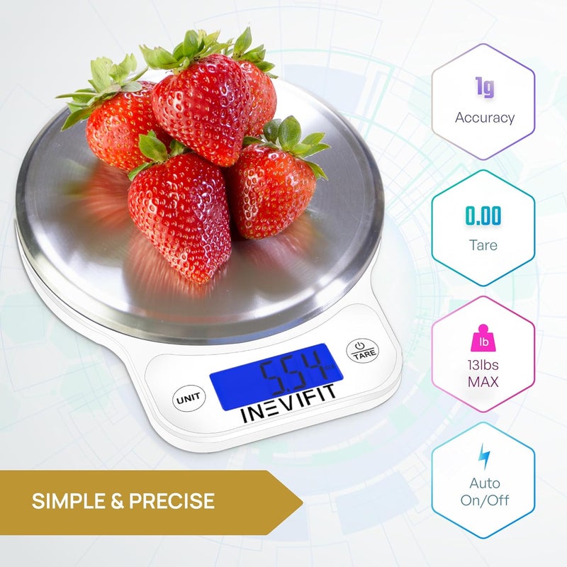 INEVIFIT Digital Kitchen Scale, Highly Accurate Multifunction Food Scale 13 lbs 6kgs Max, Clean Modern White with Premium Stainless Steel Finish. Includes Batteries - Image 2