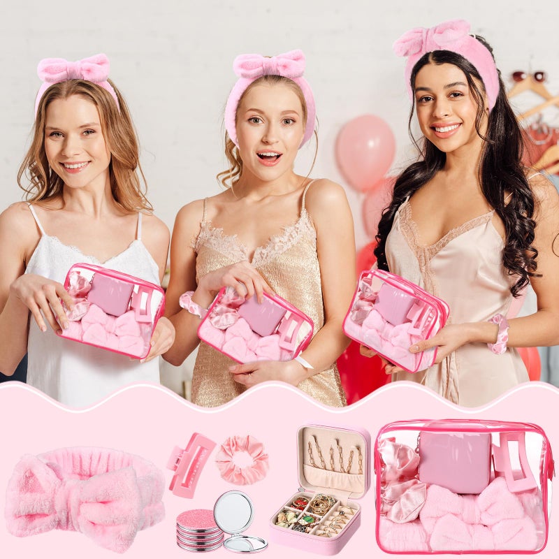 Liliaafar 36 Pcs Teen Girl Party Favors Preppy Gifts Sets Bulk 6 Friendship Bracelets 6 Bow Spa Headband 6 Scrunchies 6 Hair Clip 6 Jewelry Cases 6 Makeup Bags for Women Friend Preppy Gifts(Pink) - Image 3