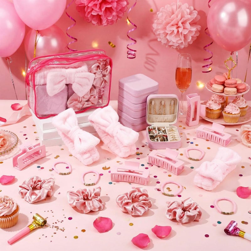 Liliaafar 36 Pcs Teen Girl Party Favors Preppy Gifts Sets Bulk 6 Friendship Bracelets 6 Bow Spa Headband 6 Scrunchies 6 Hair Clip 6 Jewelry Cases 6 Makeup Bags for Women Friend Preppy Gifts(Pink) - Image 4