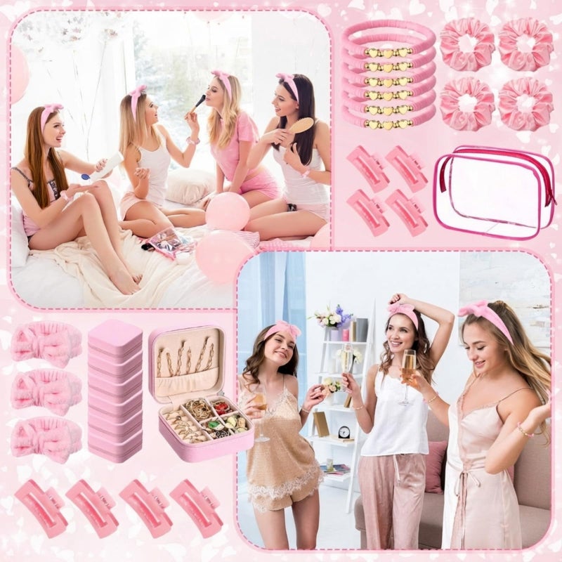 Liliaafar 36 Pcs Teen Girl Party Favors Preppy Gifts Sets Bulk 6 Friendship Bracelets 6 Bow Spa Headband 6 Scrunchies 6 Hair Clip 6 Jewelry Cases 6 Makeup Bags for Women Friend Preppy Gifts(Pink) - Image 5