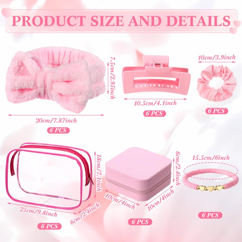Liliaafar 36 Pcs Teen Girl Party Favors Preppy Gifts Sets Bulk 6 Friendship Bracelets 6 Bow Spa Headband 6 Scrunchies 6 Hair Clip 6 Jewelry Cases 6 Makeup Bags for Women Friend Preppy Gifts(Pink) - Image 2