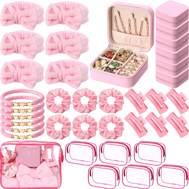 Liliaafar 36 Pcs Teen Girl Party Favors Preppy Gifts Sets Bulk 6 Friendship Bracelets 6 Bow Spa Headband 6 Scrunchies 6 Hair Clip 6 Jewelry Cases 6 Makeup Bags for Women Friend Preppy Gifts(Pink) - Image 1
