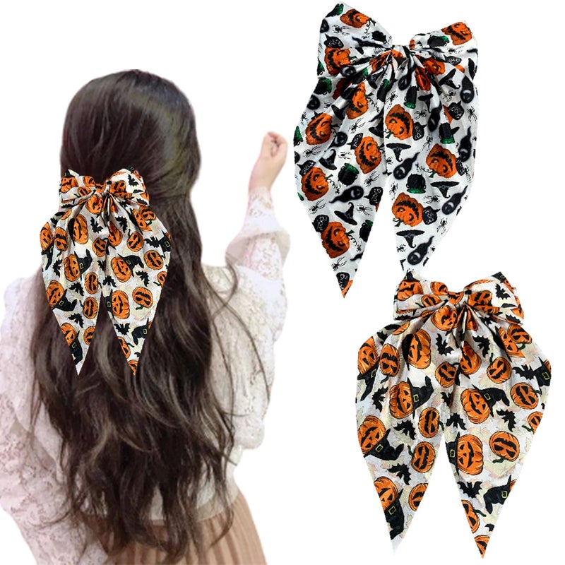 2Pcs Halloween Bow Hair Clips Spooky Bat Ghost Pumpkin Hair Ribbon Halloween Hair Bows Clip White Big Bows for Girls Halloween Hair Accessories Bowknot Hair Barrettes Halloween Party Favors Hair Decor
