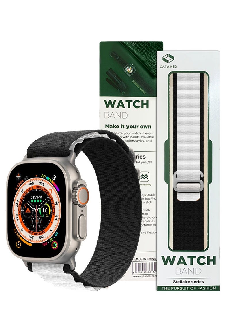 CATANES سوار ساعة آبل 49 مم 45 مم 44 مم 42 مم حزام حلقة ألبين للنساء والرجال قابل للتعديل مع حزام معدني G-Hook لساعة iWatch Ultra سلسلة SE 8/7/6/5/4/3/2/1 أسود أبيض - Image 1