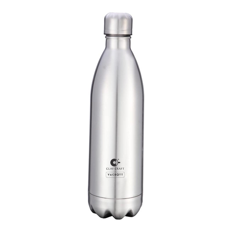 Clay Craft Vacbott Vaccum Bottle 1000ml Stark Double Walled 24 Hours Hot and Cold Water Bottle 1 Piece 1 Litre Silver Leak Proof Office Bottle Gym Home Kitchen 1000 ml Silver
