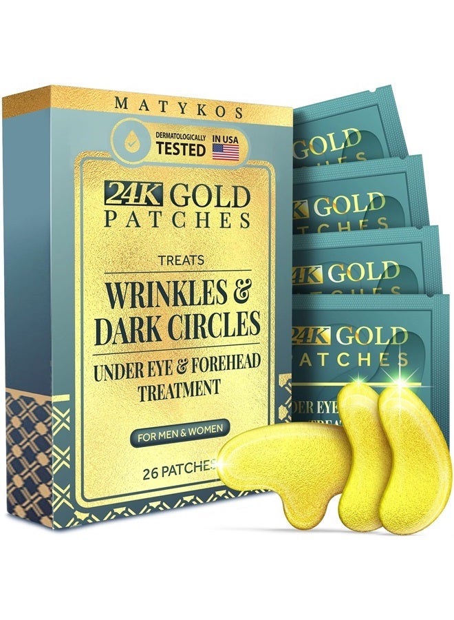 Matykos 24K Gold Under Eye and Forehead Patches - 26 PCS - Collagen and Hyaluronic Acid Pads that Helps Reducing Under Eye Puffiness, Wrinkles, and Dark Circles - NO Artificial Fragrance or Alcohol - Image 1
