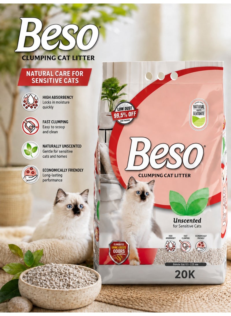Premium Unscented Clumping Cat Litter 20KG Bag for Sensitive Cats, Natural White Bentonite with 99.5% Low Dust Formula for Superior Absorption and Fast Clumping