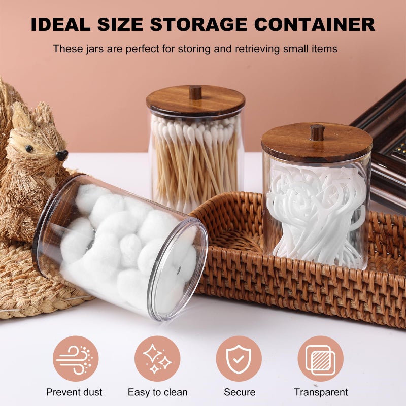Temoyj 4 Pack Qtip Holder Dispenser with Wood Lids - 10 oz Clear Plastic Apothecary Jar Containers for Vanity Makeup Organizer Storage - Bathroom Accessories Set for Cotton Swab,Pads, Ball, Floss - Image 3
