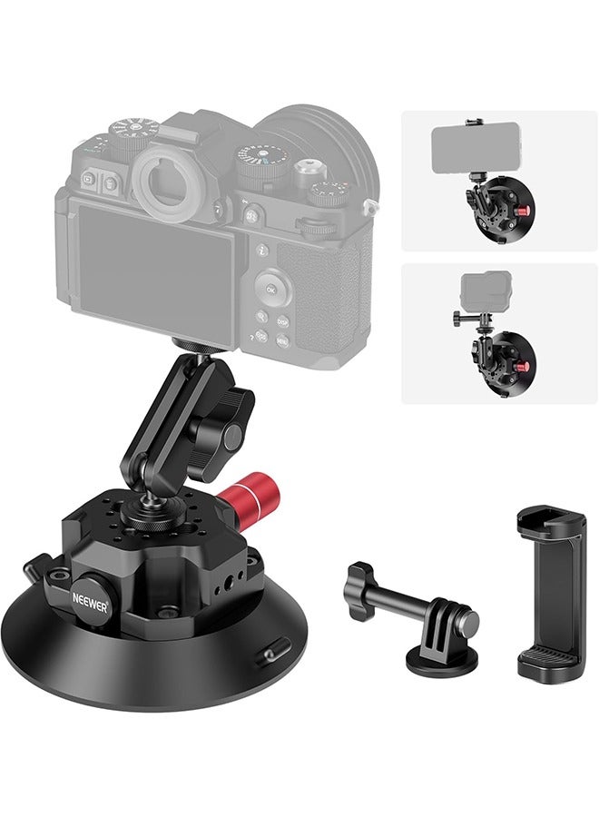 Neewer NEEWER 4.5 Suction Cup Camera Mount with Ball Head Magic Arm, 1/4 3/8 ARRI Holes, Quick Release Car Mount with Phone Holder  Action Cam Adapter Compatible with iPhone DJI Insta360, CA105  - Image 1