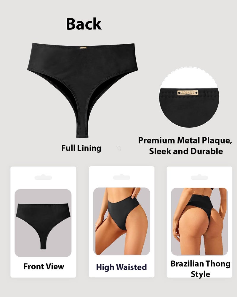 Zmart Women High Waist Thong Bikini Bottoms High Cut Swimsuit Bathing Suit Cheeky Brazilian Swimwear Bottom Black XL - Image 3