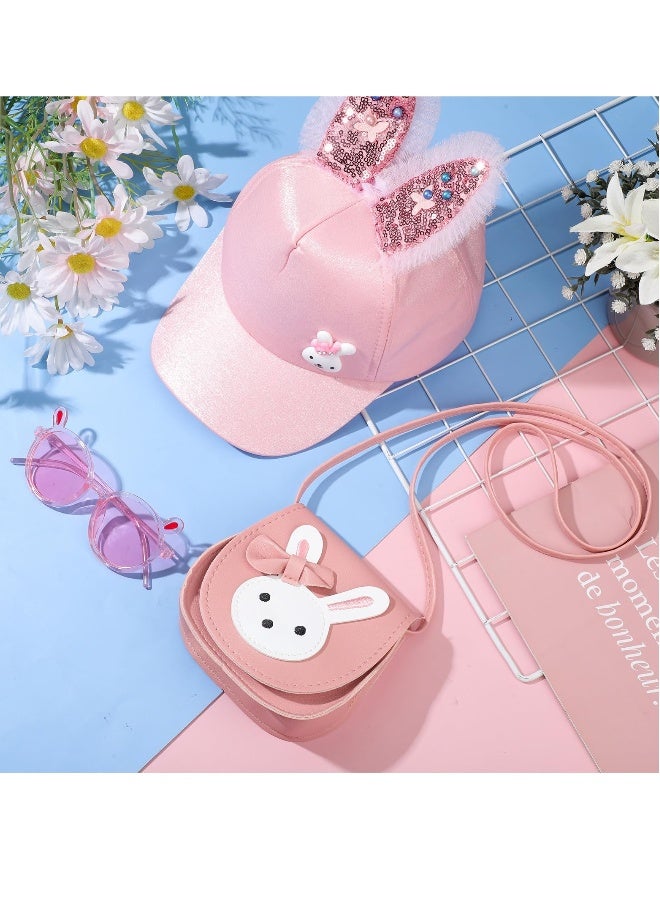 Cute Rabbit Handbag Set for Girls, 3 Pcs Adjustable Strap Shoulder Bags, Leather Crossbody Bag with Bunny Hats and Cartoon Sunglasses, Perfect Gift for Toddlers in Pink  - Image 5