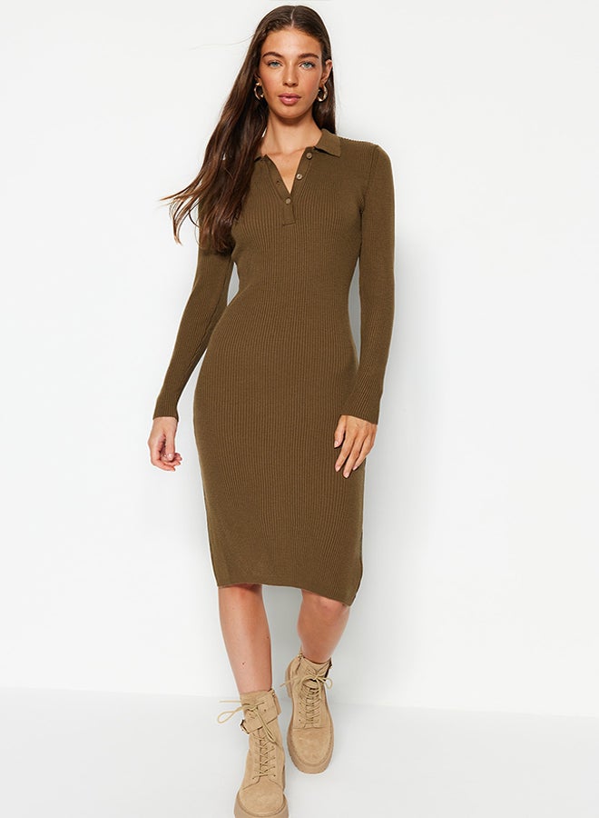 trendyol Khaki Midi Knitwear Polo Neck Dress TWOAW24EL00029 - Image 1